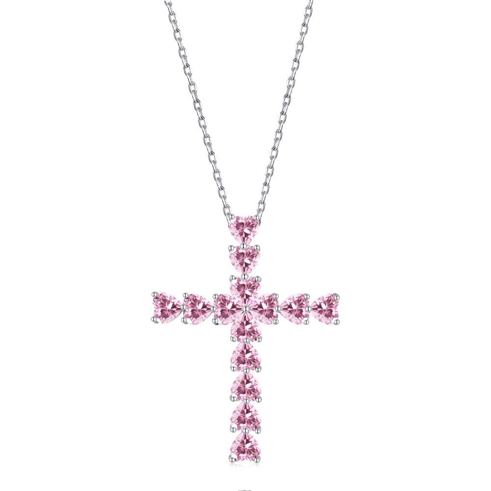 Pink Heart Cross Moissanite Necklace 18K Gold-Plated