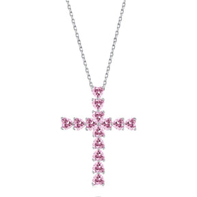 Pink Heart Cross Moissanite Necklace 18K Gold-Plated