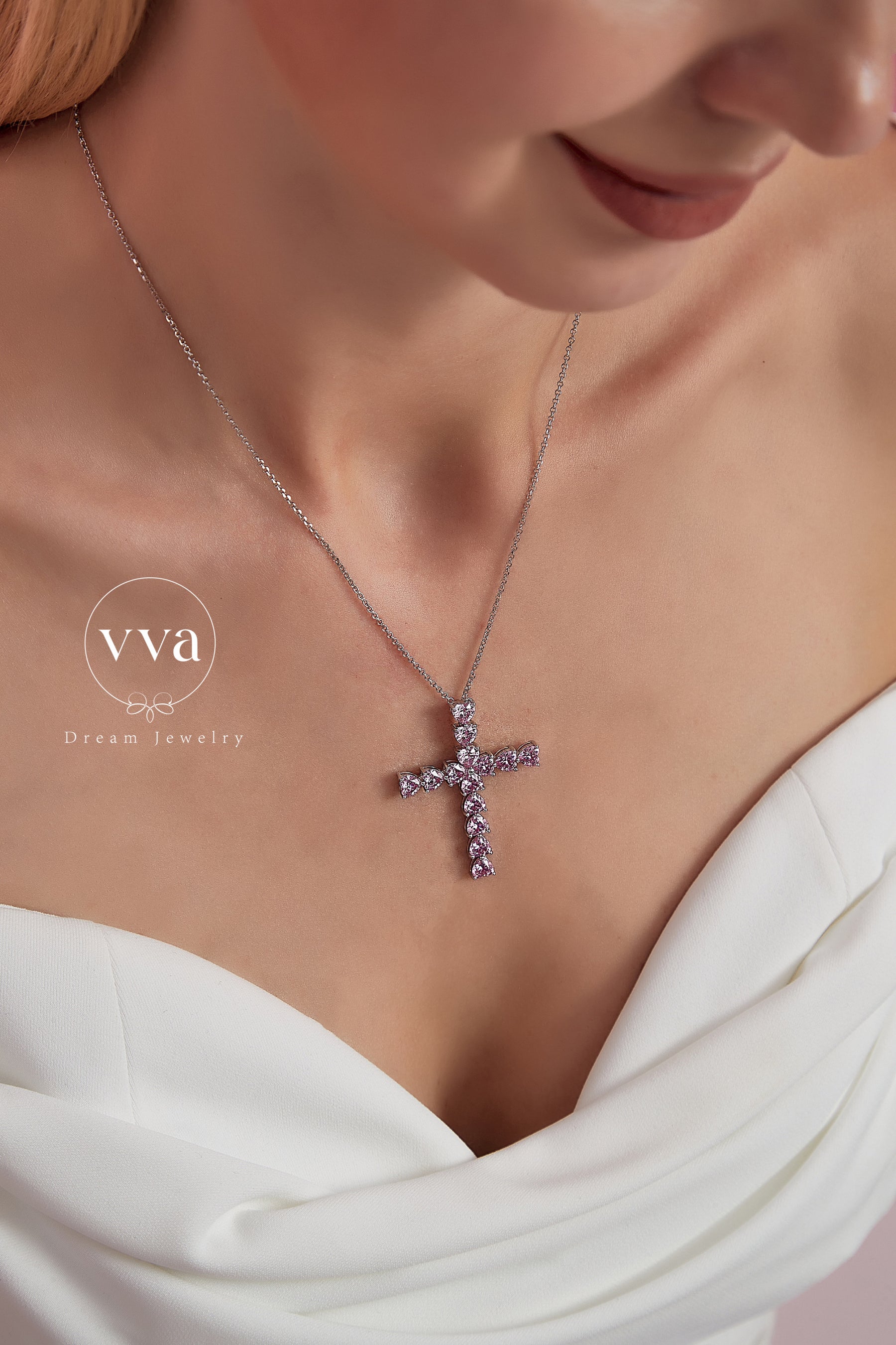 Pink Heart Cross Moissanite Necklace 18K Gold-Plated