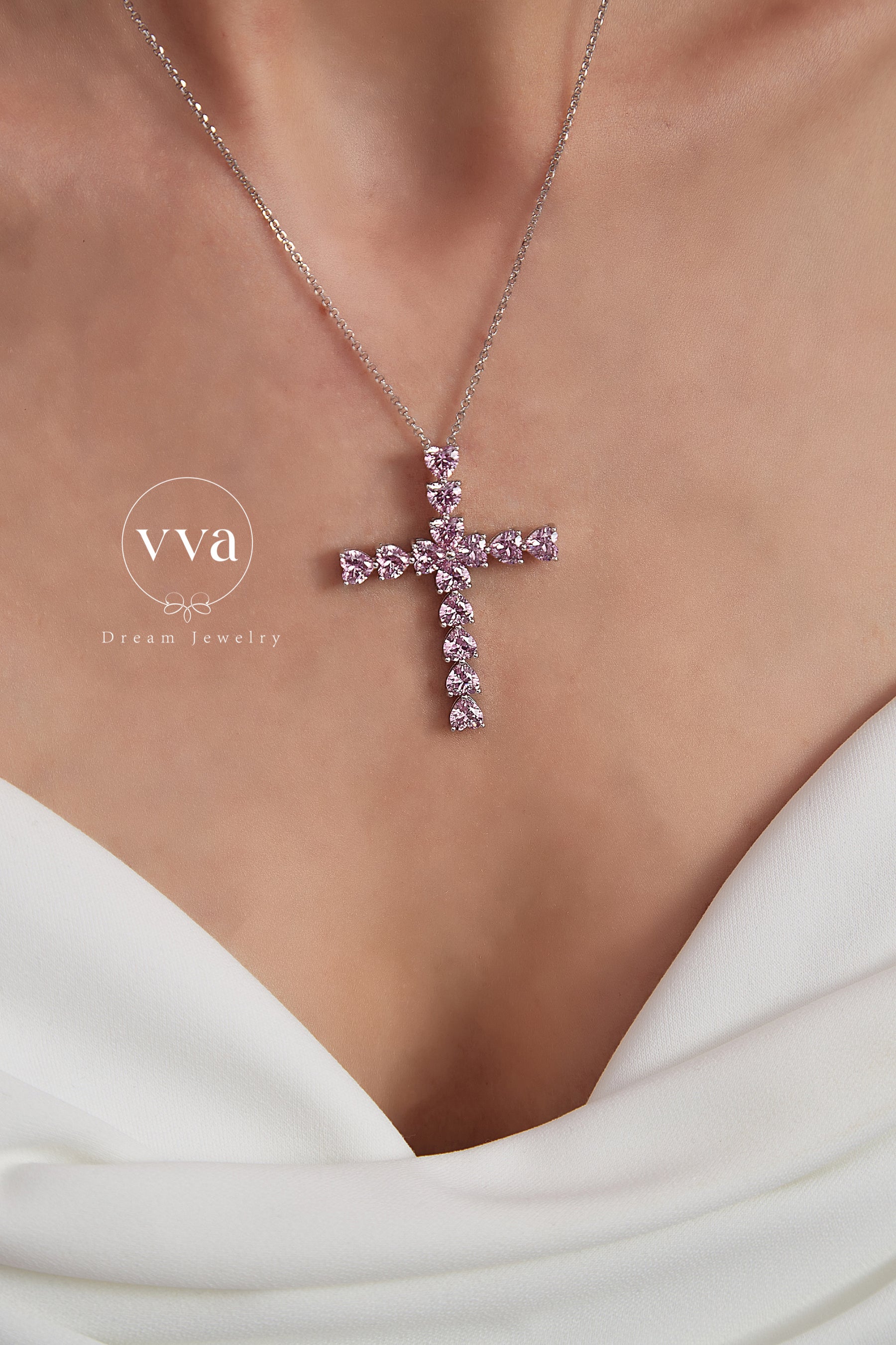 Pink Heart Cross Moissanite Necklace 18K Gold-Plated