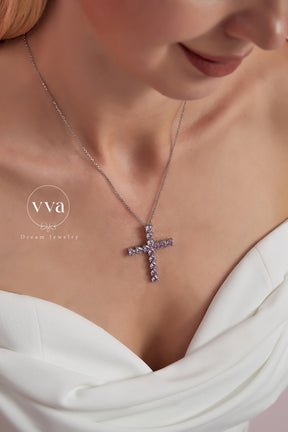 Pink Heart Cross Moissanite Necklace 18K Gold-Plated