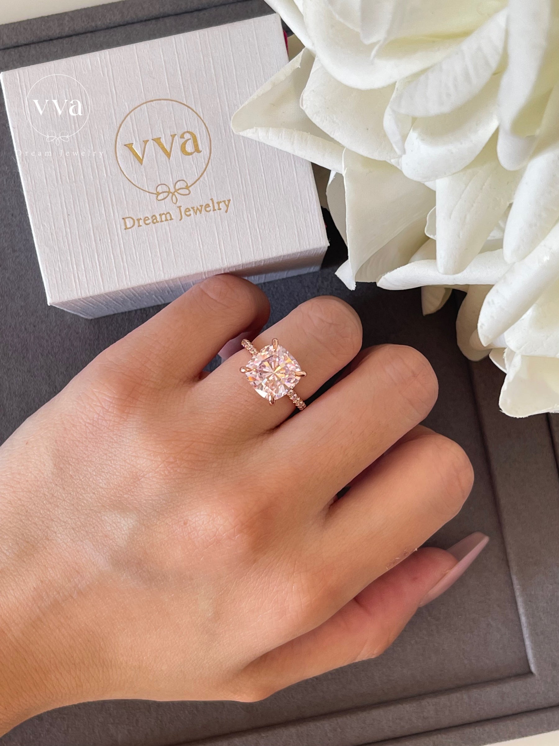 Pink Cushion Moissanite Engagement Ring 5ct